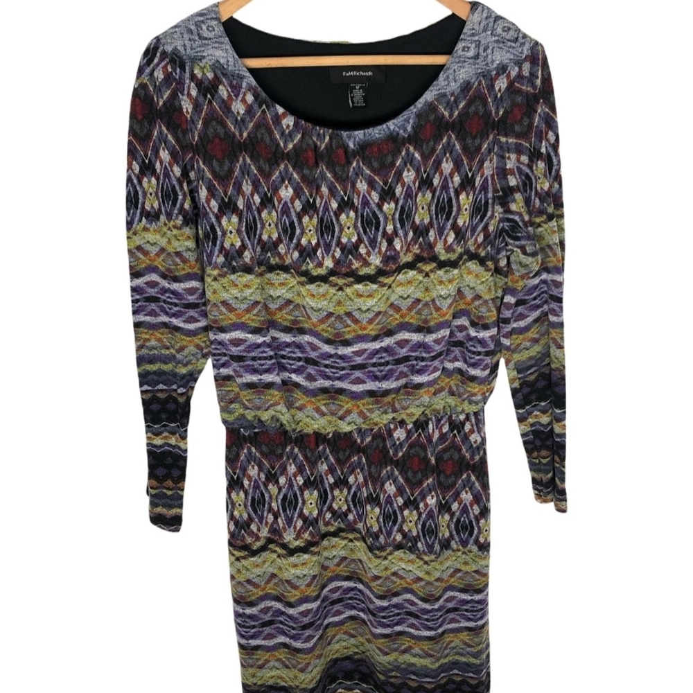 R&M Richards Multicolor Printed Long Sleeve Dress - Purple, Yellow, Black